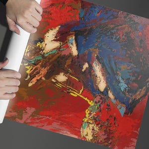 Pode incluir: Uma pintura abstrata de uma pessoa tocando saxofone. A pintura &eacute; feita em uma variedade de cores, incluindo vermelho, azul, amarelo e verde. A pessoa est&aacute; vestindo uma camisa azul e est&aacute; tocando o saxofone com a m&atilde;o direita. O saxofone &eacute; dourado e tem um pesco&ccedil;o longo e curvo.