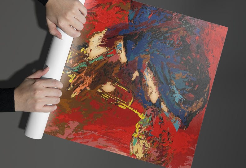 Pode incluir: Uma pintura abstrata de uma pessoa tocando saxofone. A pintura &eacute; feita em uma variedade de cores, incluindo vermelho, azul, amarelo e verde. A pessoa est&aacute; vestindo uma camisa azul e est&aacute; tocando o saxofone com a m&atilde;o direita. O saxofone &eacute; dourado e tem um pesco&ccedil;o longo e curvo.