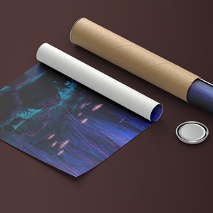 May include: A rolled up poster with a blue and purple abstract design. The poster is being unrolled from a cardboard tube. A silver cap is also visible.