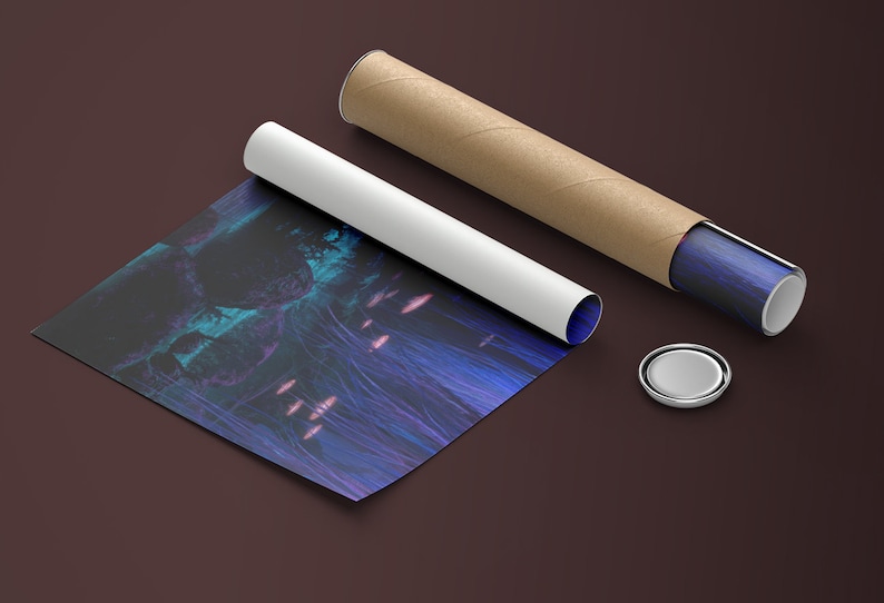 May include: A rolled up poster with a blue and purple abstract design. The poster is being unrolled from a cardboard tube. A silver cap is also visible.