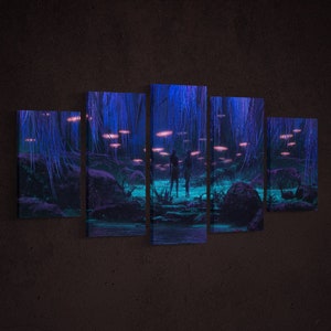 May include: A five-piece canvas print set depicting a surreal forest scene with glowing purple mushrooms and two figures standing in the center. The forest is illuminated with a blue and purple light.