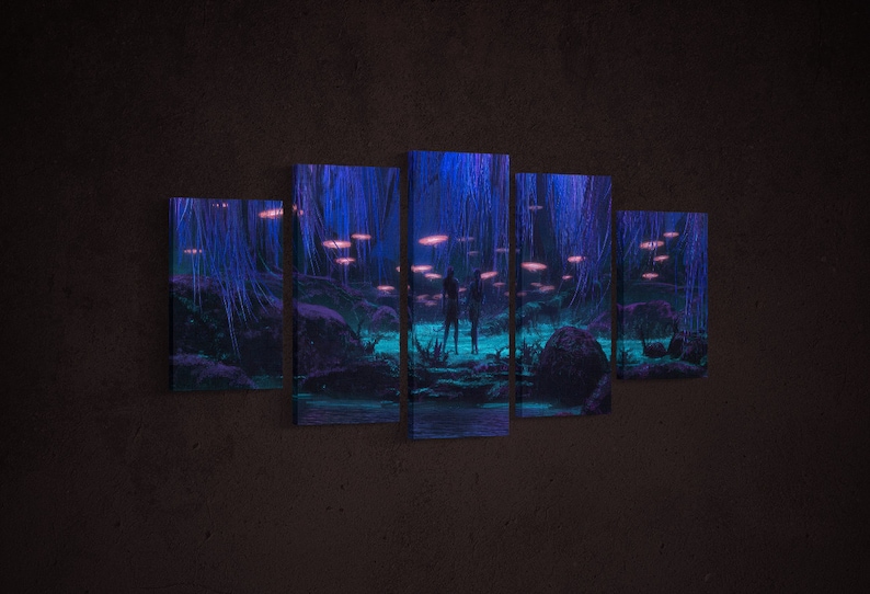 May include: A five-piece canvas print set depicting a surreal forest scene with glowing purple mushrooms and two figures standing in the center. The forest is illuminated with a blue and purple light.
