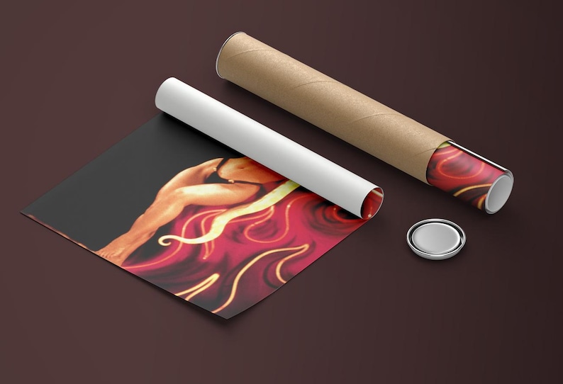 May include: A rolled up poster featuring a woman in a red and yellow abstract design. The poster is rolled up and ready to be shipped.