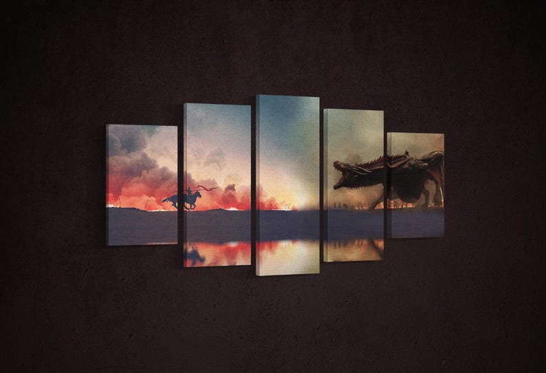 May include: A five-panel canvas print depicting a scene from the popular fantasy television series Game of Thrones. The print features a fiery sunset with a rider on horseback in the foreground and a dragon flying overhead in the background.