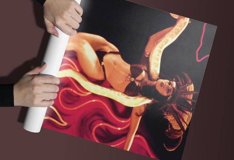 May include: A woman with long, dark hair lies on a red and gold background. She is wearing a black bikini and a gold necklace. She has a snake wrapped around her arm.