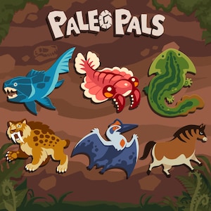 May include: A collection of six prehistoric animal illustrations labelled Paleo Pals, featuring a blue fish, a pink crustacean, a green amphibian, a brown sabre-toothed cat, a blue pterosaur, and a brown horse against a brown earth-toned background.
