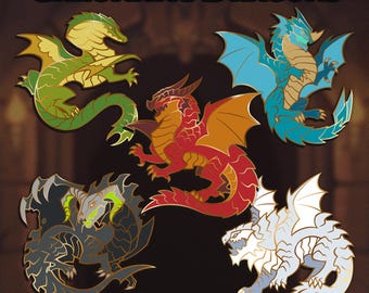 May include: A collection of five enamel pins featuring colorful dragon designs. The pins include a green, red, blue, black, and white dragon, each with intricate details and gold accents. The text "Chromatic Dragons" and "A D&D Inspired Pin Collection" are displayed.