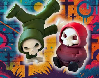 Urban Reaper Figurines – 3D Printed Hooded Skull, Street Art Decor