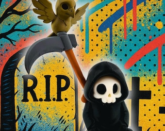 Adorable 3D Printed Sitting Grim Reaper Figurine: Customizable Kawaii Skull with Scythe & Bird