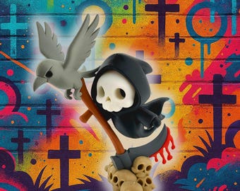 Kawaii Grim Reaper Figurine: 3D Printed Skull with Bird, Halloween Decor, Keychain Option