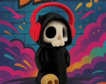 Death Metal Grim Reaper Figurine – Hooded Skeleton with Headphones