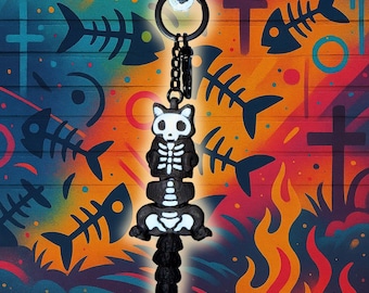 3D Printed Skeleton Cat Keychain – Spooky Key Ring Charm