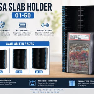 May include: Black PSA slab holder for graded cards, labeled 01-50. The holder is designed to protect and organize cards, with a 3D-printed construction. The image also shows a graded Charizard card.