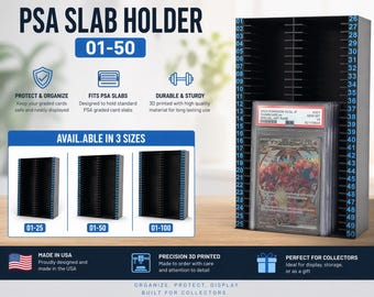 Soporte para tarjetas PSA Slab Holder Rack, impreso en 3D, organizador de tarjetas, expositor para 25, 50 o 100 tarjetas, estuche de almacenamiento para colección de tarjetas deportivas calificadas: colores personalizados.
