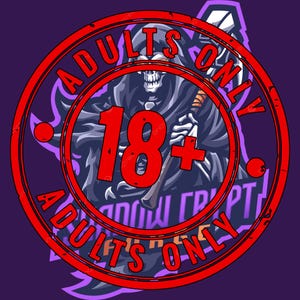 May include: A circular graphic with a red stamp that reads "ADULTS ONLY" and "18+". The image features a grim reaper figure in a black cloak holding a scythe, set against a purple background.