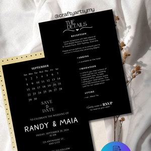 Faire-part de mariage minimaliste moderne en noir et blanc, modèle de faire-part de mariage noir et blanc réservez une date