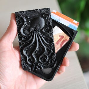 Cartera de pulpo para hombre, cartera grabada, cartera delgada, cartera emergente, tarjetero único, regalo de pulpo, tarjetero