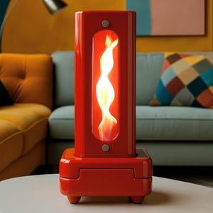 Peut inclure: Une cheminée de table rouge avec une flamme dansante à l'intérieur d'un panneau de verre. La cheminée a un design moderne et est posée sur une table blanche.