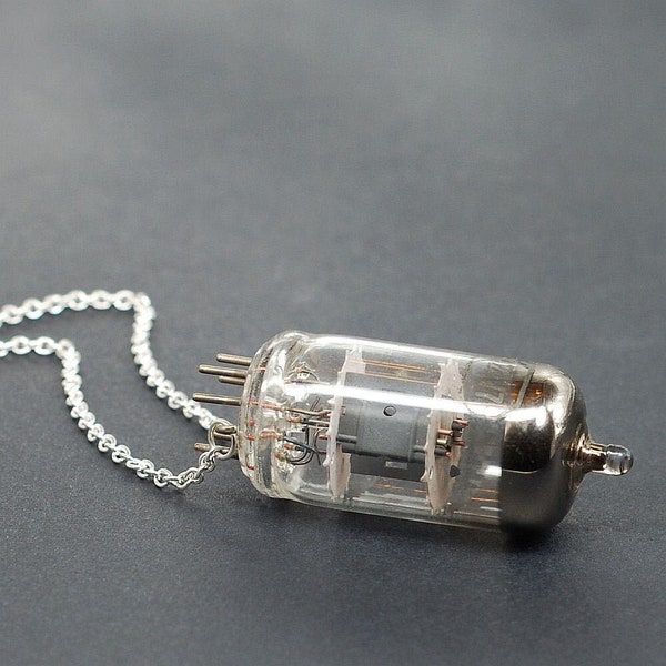 Vacuum Tube Necklace- Upcycled Silver Industrial Radio Tube, Steampunk Jewelry, Cyberpunk, Dark Fashion, Goth, Grunge, Post Apocalyptic