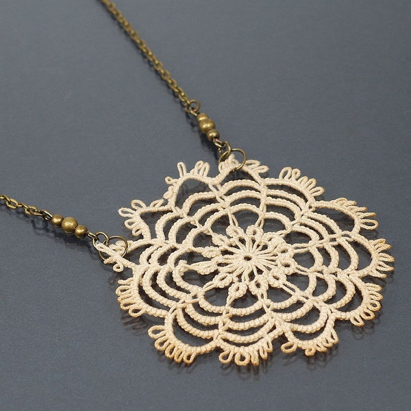 Lace Necklace Pendant- Upcycled Vintage Lace Jewelry on Antiqued Brass Chain, Romantic Jewelry, Tatted Lace Doily Necklace, Bohemian Jewelry