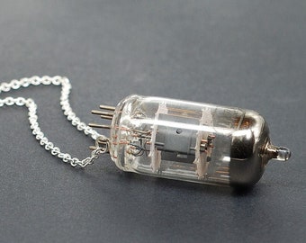 Vacuum Tube Necklace- Upcycled Silver Industrial Radio Tube, Steampunk Jewelry, Cyberpunk, Dark Fashion, Goth, Grunge, Post Apocalyptic