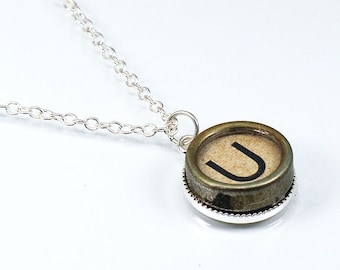 U Typewriter Key Necklace- Letter U Upcycled Steampunk Jewelry, Silver U Initial Necklace, Pendant Necklace, Monogram Necklace, Writer Gift