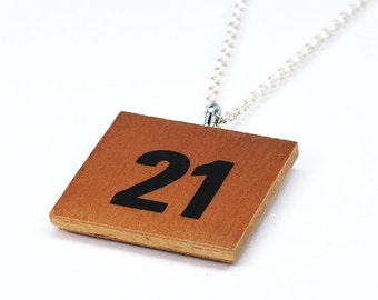 Number 21 Necklace- Upcycled Wood, Twenty One Pendant, Found Object Jewelry, Boho Jewelry, Minimal, Contemporary Jewelry, Square