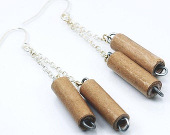 Paper Bead Earrings- Upcycled Brown Paper Bag, Silver Chain Earrings, Recycled, Modern Style, Contemporary Jewelry, Boho Fashion, Handmade