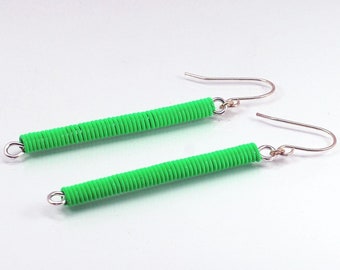 Guitar String Jewelry- Neon Green Minimal Earrings, Fun Upcycled Magenta Earrings, Guitar Player Gift, Music, Cute, Quirky, Long Tube