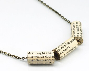 Shakespeare Jewelry- Shakespeare Necklace, Upcycled Paper Bead Necklace, Brass Chain, Book Lovers Gift, Book Jewelry, Literary Jewelry