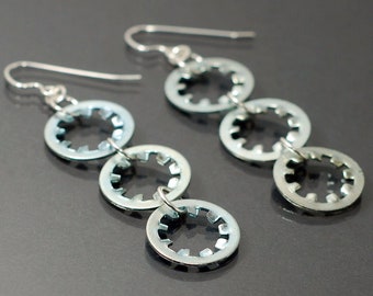 Silver Lock Washer Earrings- Upcycled Circle Earrings, Geometric, Hardware Jewelry, Modern, Contemporary, Cyberpunk, Industrial