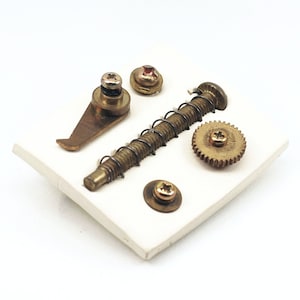 Puede incluir: Un conjunto de cinco piezas metálicas doradas, que incluyen un muelle, un engranaje, un tornillo y dos piezas pequeñas con cabeza de tornillo. Las piezas están dispuestas sobre una superficie blanca.