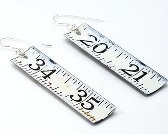 White Tape Measure Earrings- Upcycled Ruler Jewelry, Found Object Jewelry, Quirky Earrings, Kitsch Earrings, Contemporary Jewelry