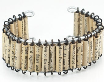 Edgar Allan Poe Jewelry- Upcycled Paper Bead Chunky Cuff Bracelet, Book Lover Gift, Literary, Literature, Bookish, Gift for Her, Writer