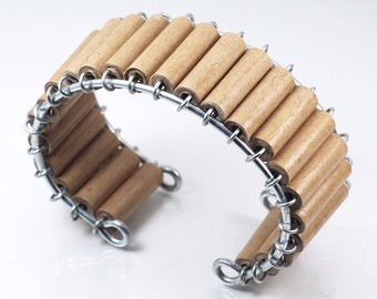 Brown Paper Bead Jewelry- Upcycled Wide Cuff Bracelet, Recycled Bag, Contemporary, Eco Friendly Gifts, Sustainable, Boho Style, Chunky, Tan