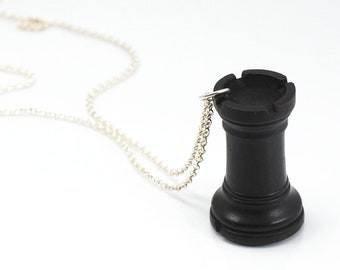 Black Rook Necklace- Wood Chess Piece Necklace, Upcycled, Chess Jewelry, Chess Lover, Chess Pendant, Chess Player Gift, Gamer, Geek, Nerd