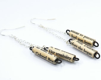 Sense and Sensibility Earrings- Jane Austen, Silver Chain Earrings, Upcycled Paper Bead Jewelry, Bookworm Gift, Literary Present, Bookish