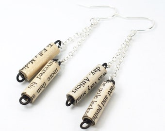 To Kill a Mockingbird Earrings- Silver Chain Earrings, Upcycled Paper Bead Jewelry, Bookworm Gift, Literary Present, Bookish, Harper Lee