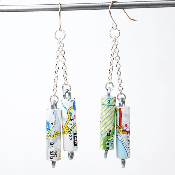 Italy Map Earrings- Paper Bead Jewelry, Upcycled Italy Road Atlas, Paper Bead Earrings, Silver Chain Earrings, Italy Gift, Italian Jewelry