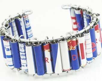 Red Bull Bracelet- Upcycled Aluminum Can Cuff Bracelet, Recycled, Contemporary Jewelry, Red, Silver, Blue, Statement Bracelet, Chunky