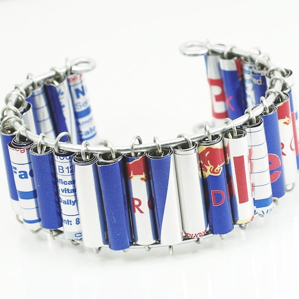 Red Bull Bracelet- Upcycled Aluminum Can Cuff Bracelet, Recycled, Contemporary Jewelry, Red, Silver, Blue, Statement Bracelet, Chunky