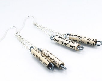 Charles Dickens Earrings- Great Expectations, Silver Chain Earrings, Upcycled Paper Bead Jewelry, Bookworm Gift, Literary Present, Bookish