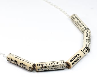 Dictionary Necklace- Writer Gift, Minimal Necklace, Paper Bead Necklace, Word Jewelry, Paper Jewelry, English Teacher Gift, Book Jewelry