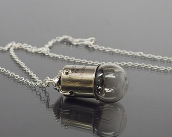 Silver Light Bulb Necklace- Cyberpunk, Steampunk, Lightbulb, Steam Punk, Goth Industrial, Contemporary Jewelry, Grunge, Upcycled, Science