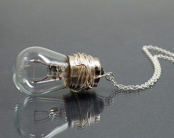 Cyberpunk Necklace- Silver Upcycled Light Bulb Necklace, Steampunk, Lightbulb Jewelry, Steam Punk, Industrial, Contemporary Jewelry, Grunge