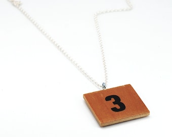 Number Three Necklace- Upcycled Wood, Lucky Number 3 Pendant, Found Object Jewelry, Boho Jewelry, Minimal, Contemporary Jewelry, Square