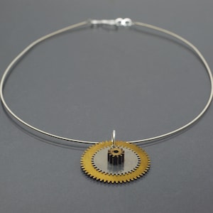 Guitar String Gear Necklace- Steampunk Jewelry, Brass & Silver Clock Gear Choker, Industrial, Grunge, Alternative, Post Apocalyptic