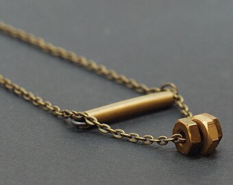 Brass Bar Necklace- Geometric Jewelry, Modern Found Object Jewelry, Hardware, Industrial, Contemporary, Hex Nut, Hexagon, Triangle, Grunge