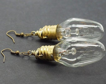 Steampunk Earrings- Upcycled Brass Light Bulb Earrings, Science Jewelry, Geek Gift, Lightbulb, Unusual, Unique, Post Apocalyptic, Grunge