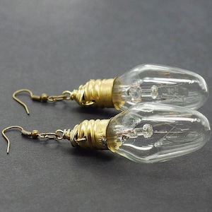 Steampunk Earrings- Upcycled Brass Light Bulb Earrings, Science Jewelry, Geek Gift, Lightbulb, Unusual, Unique, Post Apocalyptic, Grunge